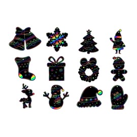 Tabanzhe Christmas Scratch Art Painting Set-12PCS Magic Scratch Art Card Decorations with Wooden Stick and Ribbon,Festival Christmas Ornaments DIY Hanging Crafts Party Bag Fillers for Kids(Style A)