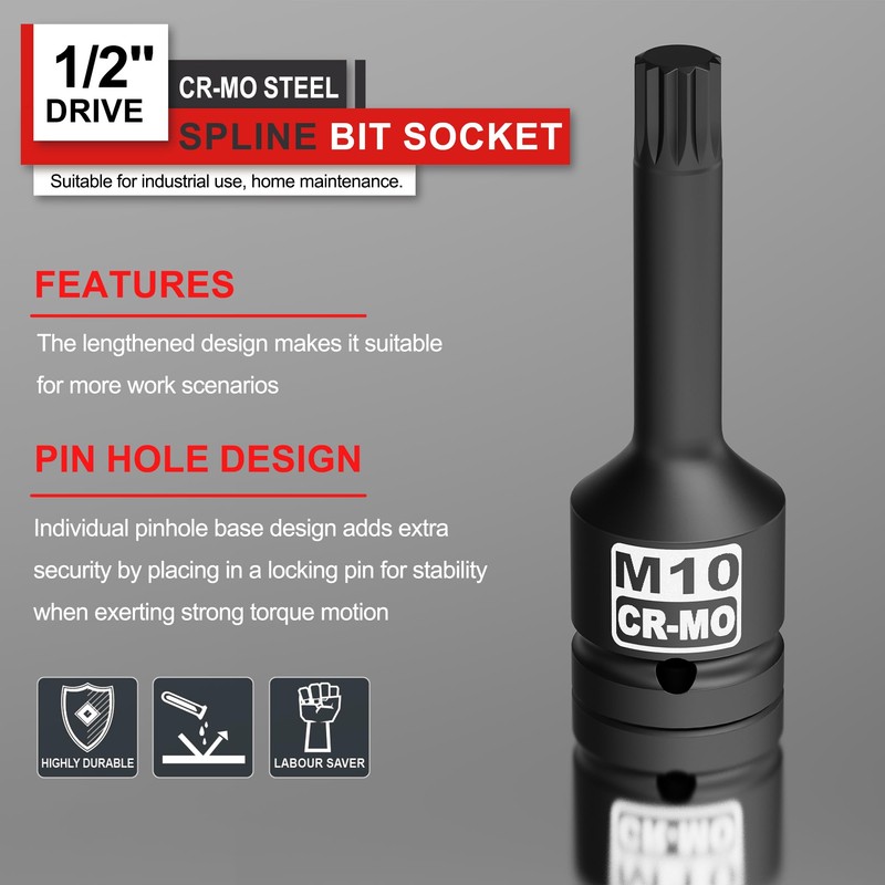 KIRXST Impact Triple Square Spline Bit Socket, 1/2" Drive M10