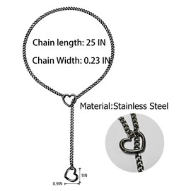 Wrlcorly Heart Slip Chain Necklace for Women Men Stainless Steel Adjustable O-Ring Lariat Cuban Collar Choker Necklace Jewelry Punk Rock Gothic Y-Necklace Black Silver Tone