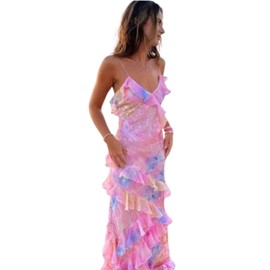 GTSAMTON Ladies Ruffle Tassel Dressy Curvy Shift Dress Satin Sleeve Less Dress Halter Elegant Sundress Pink Floral L