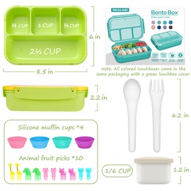 QQKO Bento Box for Kids Adults, School Toddler Lunch Box for Boys Girls, Lunch Box Containers with 4 Compartments, Sauce Container, Utensils, Food Picks and Muffin Cups for School, Pink Yellow Green