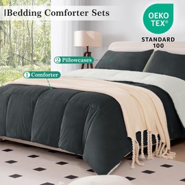 MERITLIFE Queen Size Comforter Set-3 Pieces Bed in a Bag Fluffy Queen Bedding Comforter Sets Dark Grey Soft Sherpa Comforter and Pillowcase Luxury Warm Bedding Set for Winter