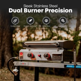 GasOne 2 Burner Flat Top Gas Grill with Lid – Auto Ignition Propane – Premium Stainless Steel Body Tabletop with Pre Season Griddle – Oil Drip Tray – for RV, Camping