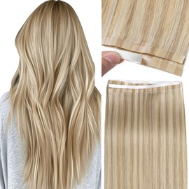Loxxy Long Human Tape in Hair Extensions - 18 Inch Seamless Human Extensions Tape ins 50g - One Piece Invisible Remy PU Weft Hair, Wide Weft 31.5" (80cm), Golden Blonde to Light Blonde Color