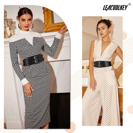 LEACOOLKEY Womens Wide Elastic Waist Belt Vintage Stretch Belt for Dress Elastic Coat Belt with Golden Buckle，BLack