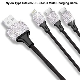 Baceyong Shiny Engine Button Decorative 3 in 1 Charging Cable - Pink Bling Phone Car Holder with Air Vent Clip, Rhinestone Car Accessories for Women