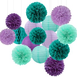 Teal-Purple Party-Decorations Paper Flowers Lanterns - 15PCS Lavender Girl Mermaid-Birthday Tissue Pom Poms Streamers,Baby Bridal Shower Wedding Classroom Hanging Supplies Decor Hugfond