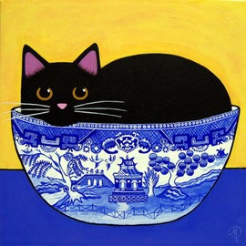 CafePress Black CAT Blue Willow Bowl Folk Art Unique Decorative 10" Wall Clock