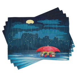 Ambesonne Cartoon Place Mats Set of 4, Kitty and Poppy Romantic Love Story Starry City Blocks Rainy Day Umbrella, Washable Fabric Placemats for Dining Table, Standard Size, Blue Coral