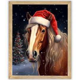 Vintage Illustration of Horse Wearing Christmas Hat - 11x14 Framed Print - Retro Christmas Decorations - Winter Sign - Christmas Party Decor and Gift