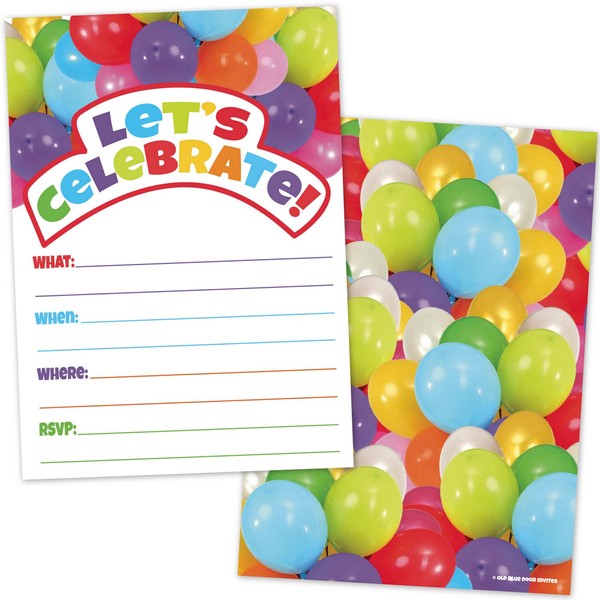 All Occassion Invitations with Envelopes - Colorful Party Balloons (20 Count with Envelopes) - Fill in the Blank Style Invites for Kids or Adults - Boys or Girls Birthday, Baby Shower Invites