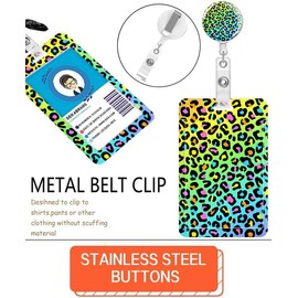 ID Badge Holder with Retractable Lanyard and Keychain, Badge Reel with Rotate Carabiner Clip,Rainbow Neon Leopard Card Name Tag Lanyard ID Protector Bage Clips for Student, Women, Office