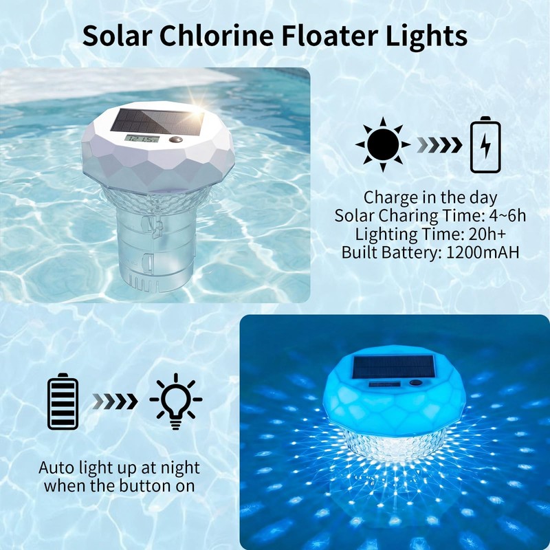 Upgrade 3-in-1 Solar Pool Light Floater, Chlorine Dispenser with Digital