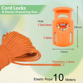10 Meter 3mm Elastic Bungee Shock Cord Stretch String, 25pcs Plastic Cord Locks Spring Toggle Stopper for Drawstring Backpack Shoelaces(Orange)