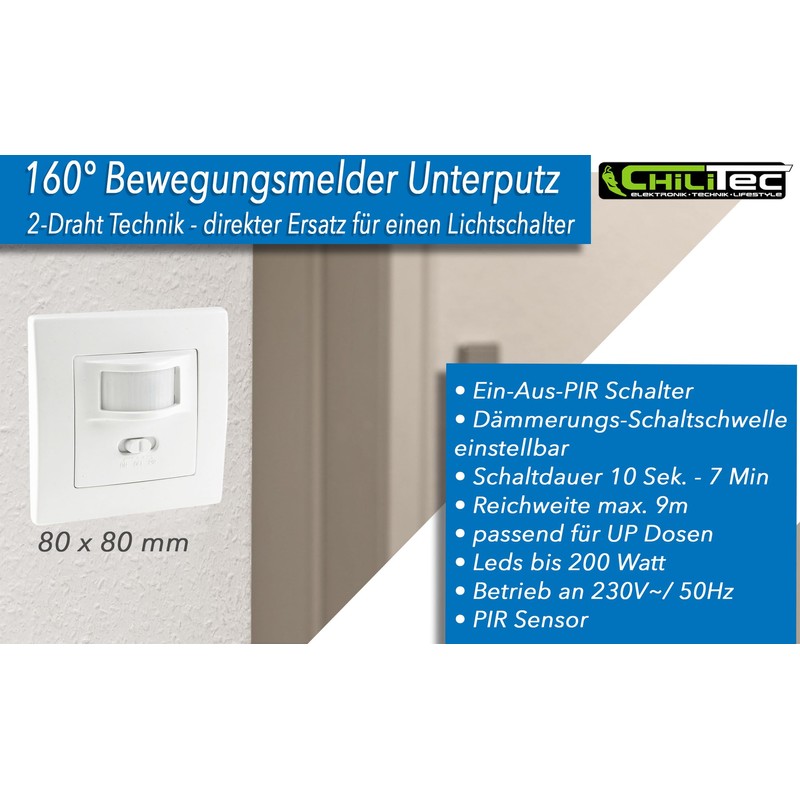 Motion Detector Sensor, Flush-Mounted Installation, LED Suitable, 9 Metre Range,