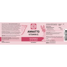 Annatto Tocotrienole 200mg Vegan Kala Health Vitamin-E-Ergänzungsmittel, frei von Tocopherol, Eannatto-Kapseln ohne PAKs und Schadstoffe – gentechnikfrei und antioxidativ (60)