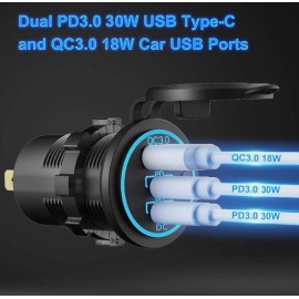 Cahuczlhoz QC3.0 + PD USB C Car Fast Charger Power Socket Outlet 12V-24V for Boat RV Marine