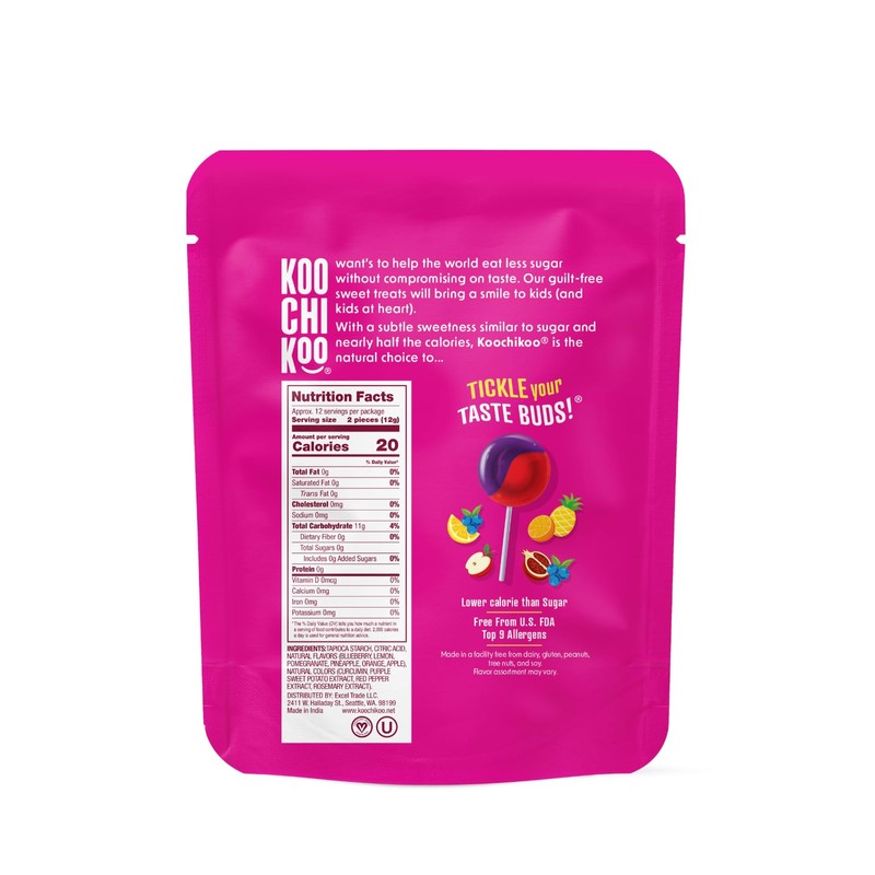 Koochikoo Sugar Free Lollipops Pouch, Assorted Fruit Flavors, No Sugar