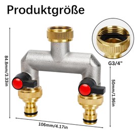 2 Wege Wasseranschluss Verteiler Hahnverbinder, Garten Wasserhahn Wasserverteiler aus Messing, 3/4 Zoll Schlauchanschluss, 2er Adapter 1/2 mit Kugelhahn für Garten Bewässerung System