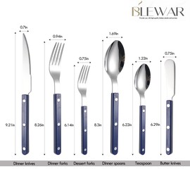 Rivet ABS Faux Wood Handle Silverware Set - 6-Piece Stainless Steel Flatware with Steak Knife, Fork, Spoon, Teaspoon, Dessert Fork and Butter Knife - Elegant Tableware Cutlery for Dining (Blue)