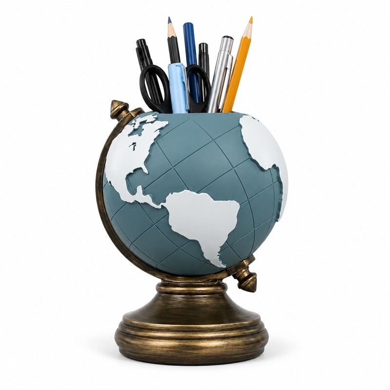 Globe Pen Holder for Desk Organization - Decorative Resin Stationery