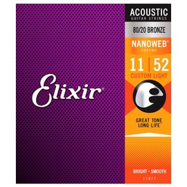 Elixir 80/20 Bronze Nanoweb 11027 Custom Light 11-52 Acoustic Guitar Strings 6-Pack w/Bonus Elixir Polishing Cloth
