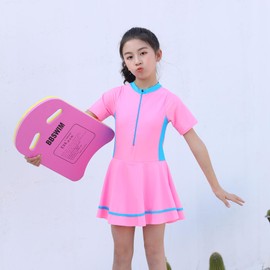 NautySaurs Girls Swimming Costume with Skirt, School Style Modest Swimwear with Shorts, Kids Patchwork Toddler Girls All in One Swimming Suit (Pink Short Sleeve, 11-12 Years)