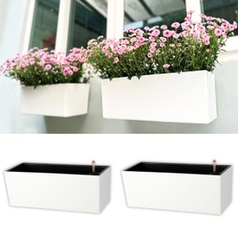 LaLaGreen Wall Planter for Outdoor (2 Pack, 14 Inch) Wall Mounted Self Watering System White Flower Box with Bracket, Window Wall Hanging Rectangular Plant Pot Container Indoor Modern Herb Kitchen