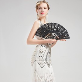 BABEYOND Cotton Lace Folding Handheld Fan Embroidered Bridal Hand Fan with Bamboo Staves for Wedding Decoration Dancing Party (Black2)