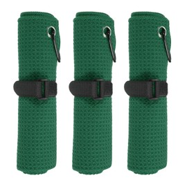 PATIKIL 16"x16" Microfiber Golf Towel, 3 Pack Tri-Fold Golf Towels Waffle Pattern Towels Absorption with D Clip, Hook and Loop Fastener, Dark Green