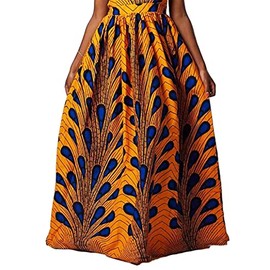 930 - Plus Size Ethnic African Print Long Maxi Skirt (2X, Gold)