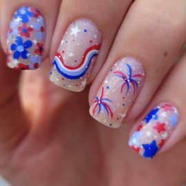 Fourth of July Press on Nails Short Square Fake Nails 4th of July False Nails Red Blue Flowers Fireworks Stars Stripes Design Glossy Independence Day Reusable Stick on Nails for Women
