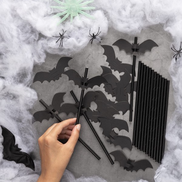 16Pcs Halloween Paper Straws with Removable Bats Design Halloween Party