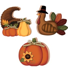3 Pieces Thanksgiving Wooden Signs,Standing Turkey Pumpkin Fall Harvest Ornament for for Tiered Tray,Shelf,Mantel,Table Centerpieces (Thanksgiving)