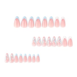 24Pcs French Tip Press on Nails Short Almond Fake Nails with Colorful Flower Bow Designs Glossy Nude Pink Glue on Nails Blue White French Nail Tips False Nails Summer Stick on Nails for Women Girls