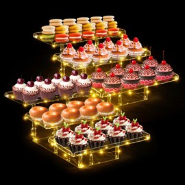 Dyna-Living 2PCS Dessert Table Display Set Acrylic Cupcake Stand 3 Tier Dessert Display Stands for Party with LED String Light, Cupcake Buffet Dessert Risers Stands for Weddings, Party