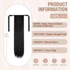 Qunlinta Ponytail Extension, Pony Tails Hair Extensions Clip Ins Wrap Around Band Hair Pieces for Women Synthetic Soft Fake Ponytails Straight Natural Black