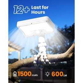 Thumok Motion Sensor Outdoor Lights with Flexible Octopus Tripod - 600LM Solar Sercurity Lights Waterproof, Dual Charging Solar Ourdoor Light for Camping,Fence, Patio (1Pack White)