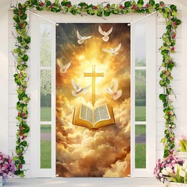 Lofaris Christian Door Cover – 72.8x35.4 Inch Cross with Bible and Dove Design – Religious Easter Decoration for Front Porch Home Entry or Church Celebrations