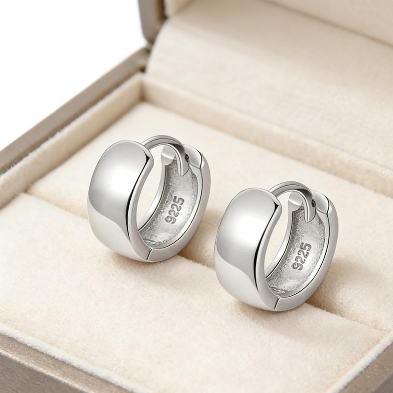Italian Sterling Silver Hoop Huggie Earrings for Men, Wide Shiny