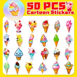 Eiscreme Stickers for Children, 100 Pieces Summer Ice Cream Sticker Set, Vinyl Waterproof Stickers for Water Bottles, Scrapbooking, Laptop, Journal, Party Favours, Classroom