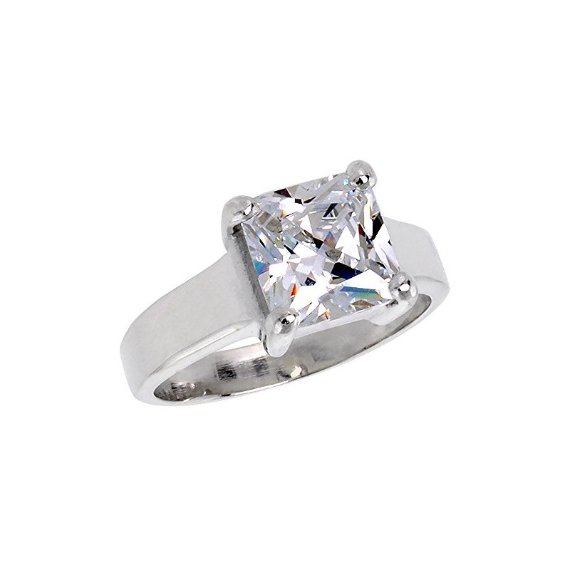 Sterling Silver CZ 8mm Princess Cut Solitaire Engagement Ring for