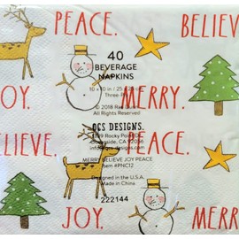 Rae Dunn JOY MERRY BELIEVE PEACE 40 Beverage Christmas Napkins - 10x10 in / 25x25 cm