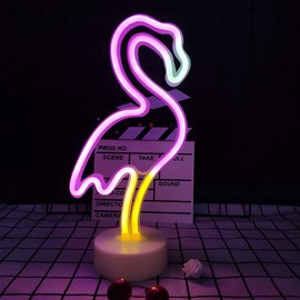 ENUOLI LED Flamingo and Coconut Palm Tree Neon Signs LED Battery/USB Powered Neon Light with Holder Base Decoration Neon Light for Bedroom Home Wedding Christmas Birthday Holiday Bar Party Decoration