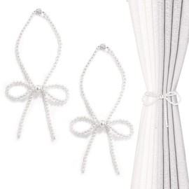 2pcs Bow Magnetic Curtain Tiebacks, White Pearl Curtain Tie Backs Magnet Curtain Tiebacks Holders Elegant Curtain Holdbacks for Draperies Home Hotel Curtain Accessory Decoration