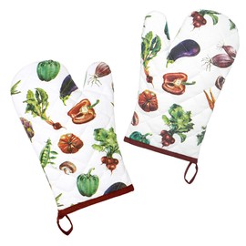 Lashuma Set of 2 Kitchen Gloves, Oven Gloves, 30 x 20 cm, Colourful Pattern Vegetables