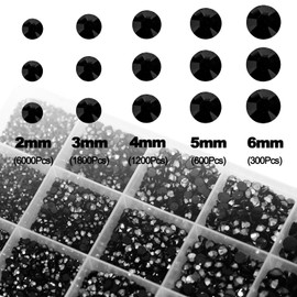 9600Pcs Nail Art Rhinestones, BetterJonny Black Round Nail Flatback 2/3/4/5/6mm Gems Flat-Bottomed Rhinestone for Crafts Decoration and Jewelry Making