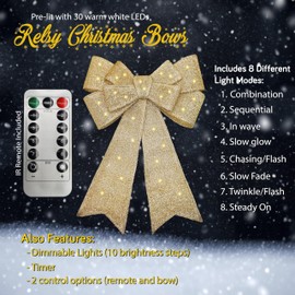 Pre-lit Gold Christmas Bow - Flashing, Dimmable LEDs, Timer,Remote Control, Long Life, Sticky Pads - 22 Inch Gold Xmas Door Bow/Christmas Tree Topper, Xmas Wreaths Alternative
