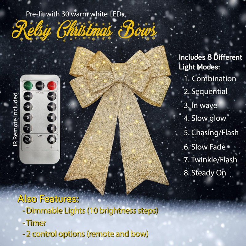 Pre-lit Gold Christmas Bow - Flashing, Dimmable LEDs, Timer,Remote Control,