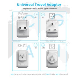 Universal Travel Adapter Kit, VINTAR International Plug Adapter with 3 USB Ports(2 USB C, 3.4A) & 2 American Outlets, Type A,C,G,I Swap&Adapt Attachments, Adapter for US/Japan/Europe/UK/AUS